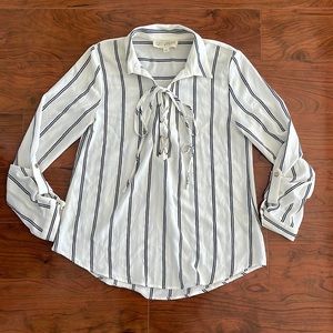 COPY - Sweet Wanderer Cream and Blue Pinstripe Lace Up Long Sleeve Blouse Shirt…